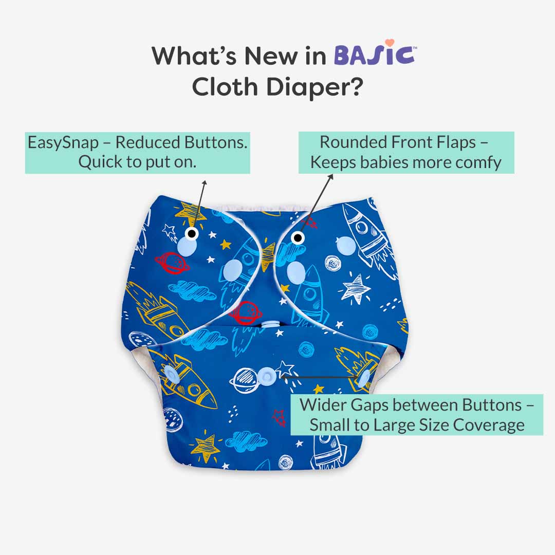 Space Rocket - BASIC Cloth Diaper, New & Improved with EasySnap & Quick Dry UltraThin Pad