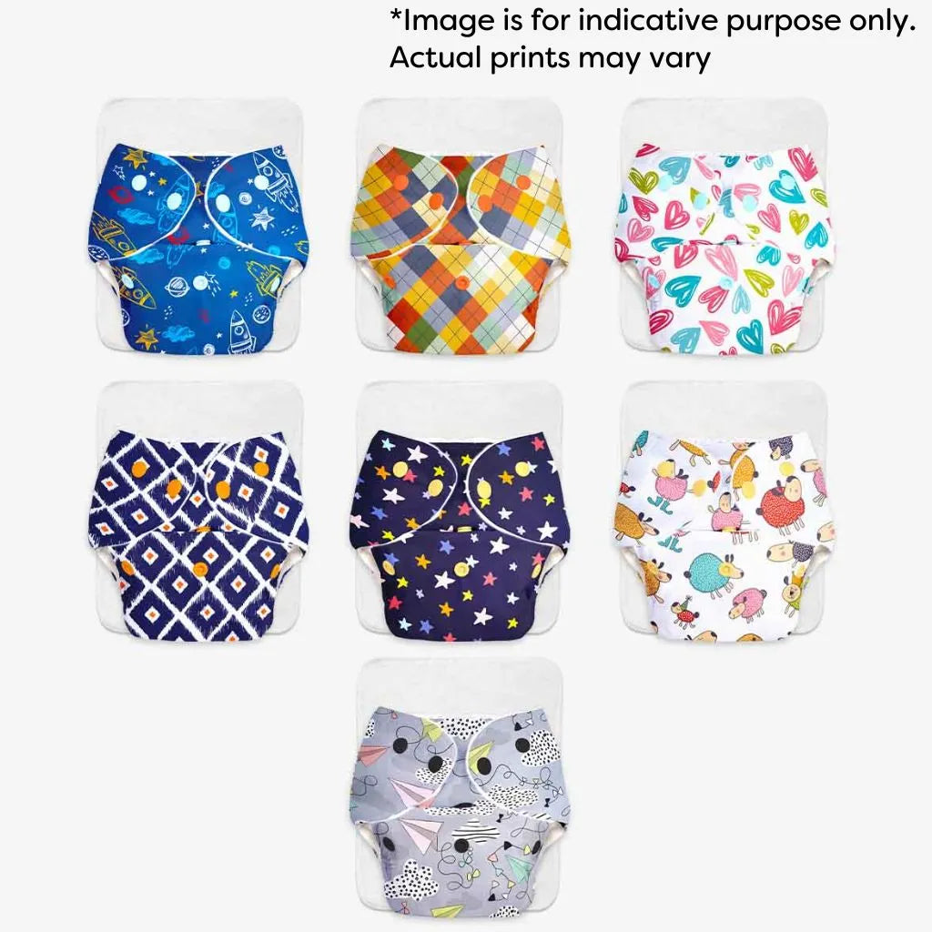 Pack of 7 BASIC Diaper, New & Improved with EasySnap & Quick Dry UltraThin Pad - (7 Shell + 7 Pads) - No Print Choice