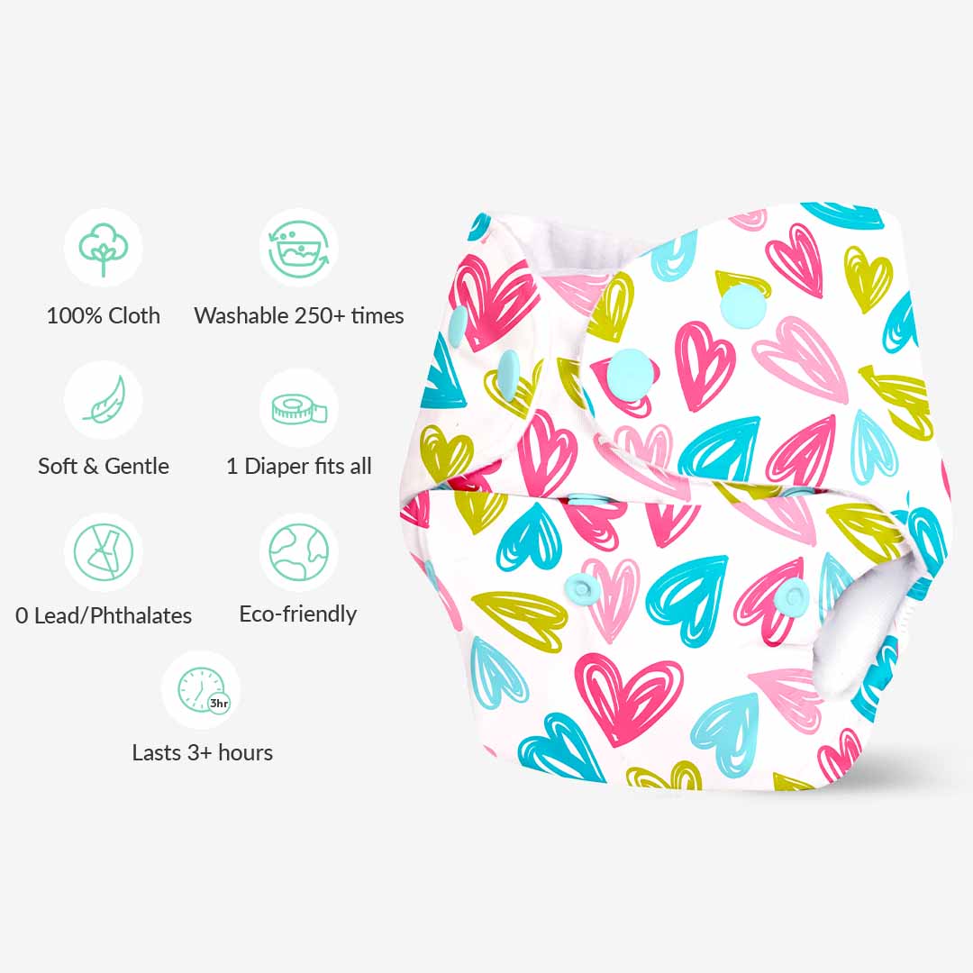 Hearts - BASIC Cloth Diaper, New & Improved with EasySnap & Quick Dry UltraThin Pad