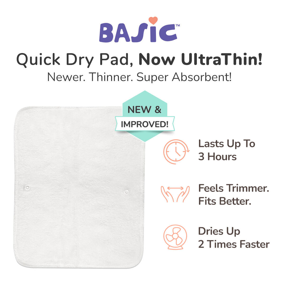 Pack of 5 BASIC Diaper, New & Improved with EasySnap & Quick Dry UltraThin Pad - (5 Shell + 5 Pads) - No Print Choice