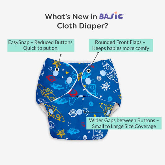 Space Rocket - BASIC Cloth Diaper, New & Improved with EasySnap & Quick Dry UltraThin Pad