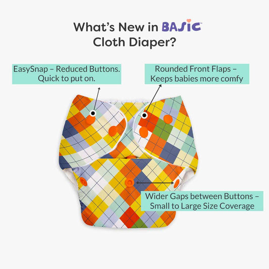 Pack of 7 BASIC Diaper, New & Improved with EasySnap & Quick Dry UltraThin Pad - (7 Shell + 7 Pads) - No Print Choice