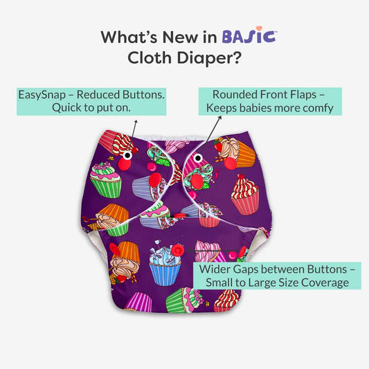 Cupcake - BASIC Cloth Diaper, New & Improved with EasySnap & Quick Dry UltraThin Pad