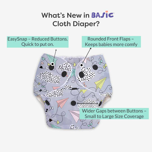 Pack of 5 BASIC Diaper, New & Improved with EasySnap & Quick Dry UltraThin Pad - (5 Shell + 5 Pads) - No Print Choice