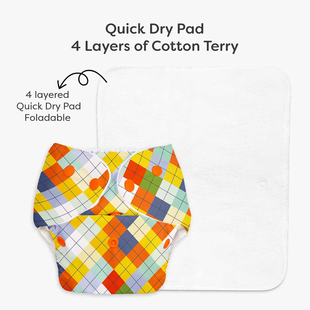 Pack of 7 BASIC Diaper, New & Improved with EasySnap & Quick Dry UltraThin Pad - (7 Shell + 7 Pads) - No Print Choice