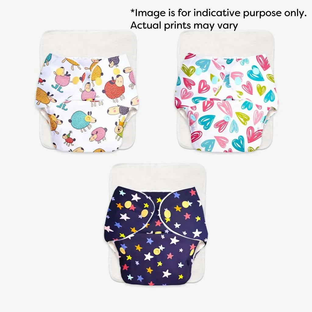Pack of 3 BASIC Diaper, New & Improved with EasySnap & Quick Dry UltraThin Pad - (3 Shell + 3 Pads) - No Print Choice