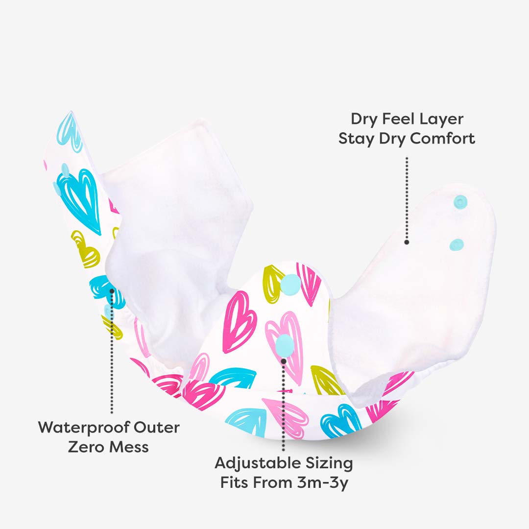 Hearts - BASIC Cloth Diaper, New & Improved with EasySnap & Quick Dry UltraThin Pad