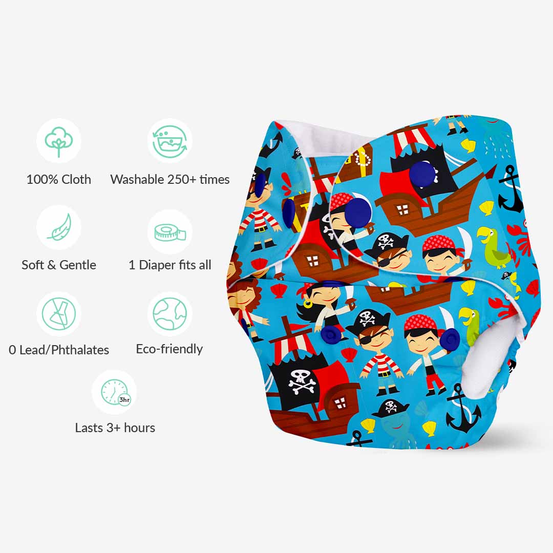Pirate - BASIC Cloth Diaper, New & Improved with EasySnap & Quick Dry UltraThin Pad