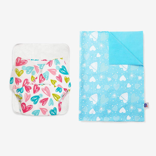 BASIC Cloth Diaper (Heart print) + Quick Dry Mat - (S) (Breezy Blue)