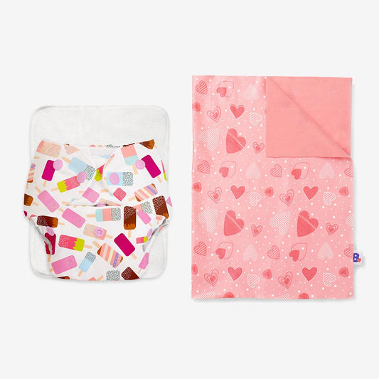 BASIC Cloth Diaper (Icecream) + Quick Dry Mat - (M) (Peppy pink)